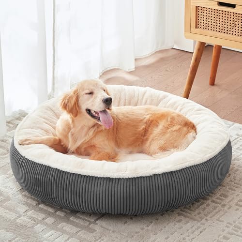 BedStill Donut-Hundebett für große Hunde, 91,4 cm, beruhigendes, rundes Haustierbett mit abnehmbarem und waschbarem Bezug, Plüsch-Kunstfell und Kordsamt, passend für Haustiere bis zu 36 kg (Dunkelgrau von BedStill