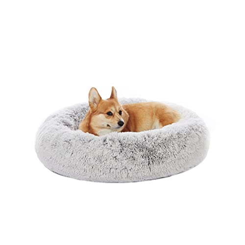 Bedfolks Calming Donut Hundebett, Dia30 Runde Flauschige Hundebetten für Midium Hunde, Anti-Angst-Plüsch-Hundebett, Waschbares Haustierbett mit rutschfester Unterseite (Hellgrau, Medium) von Bedfolks