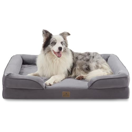 Bedfolks Orthopädisches Hundebett, großes wasserdichtes Hundesofabett für große Hunde, Eierschaum-Haustier-Couch-Bett mit abnehmbarem waschbarem Bezug und rutschfester Unterseite, Dunkelgrau von Bedfolks