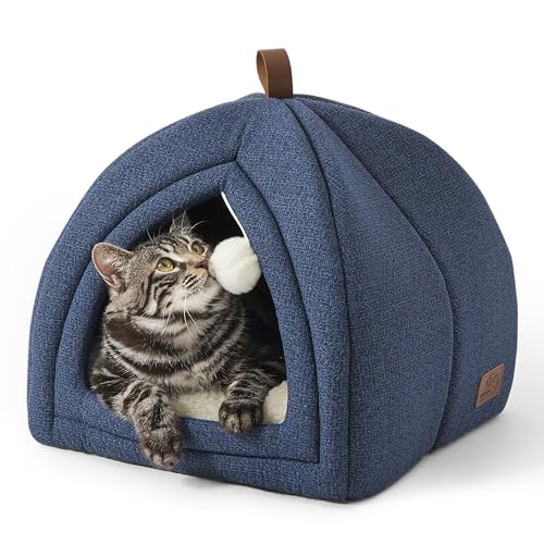 Bedesure Katzenbett große Katzen Katzenhöhle- 40x40x40 cm Katzenhaus Indoor mit abnehmbarem Sherpa Katzenkissen und hängendem Spielzeug, Katzen Bettchen waschbar, Navyblau von Bedsure