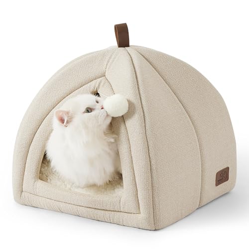 Bedesure Katzenbett große Katzen Katzenhöhle- 40x40x40 cm Katzenhaus Indoor mit abnehmbarem Sherpa Katzenkissen und hängendem Spielzeug, Katzen Bettchen waschbar, beige von Bedsure