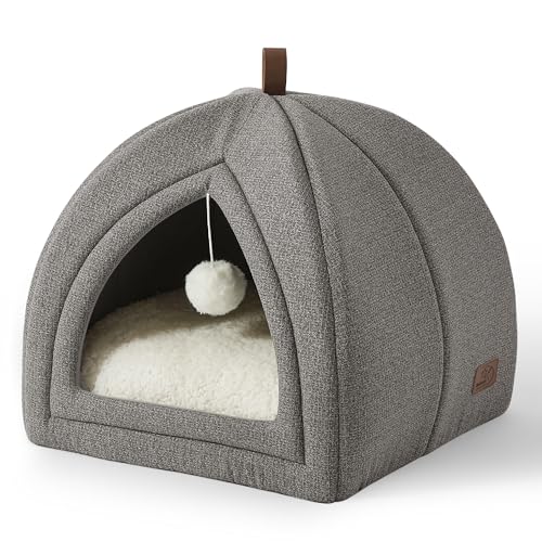 Bedesure Katzenbett große Katzen Katzenhöhle- 40x40x40 cm Katzenhaus Indoor mit abnehmbarem Sherpa Katzenkissen und hängendem Spielzeug, Katzen Bettchen waschbar, hellgrau von Bedsure