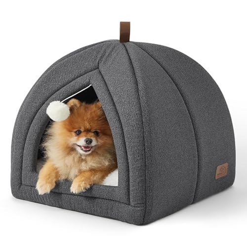 BEDSURE Katzenbett große Katzen Katzenhöhle- 44x44x44 cm Katzenhaus Indoor mit abnehmbarem Sherpa Katzenkissen und hängendem Spielzeug, Katzen Bettchen waschbar, dunkelgrau von BEDSURE
