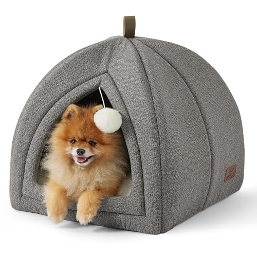 Bedesure Katzenbett große Katzen Katzenhöhle- 44x44x44 cm Katzenhaus Indoor mit abnehmbarem Sherpa Katzenkissen und hängendem Spielzeug, Katzen Bettchen waschbar, hellgrau von Bedsure