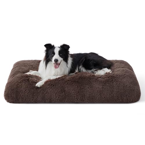 Bedsure Flauschiges Hundebett Grosse Hunde - 89x58x8 cm Hundebett waschbar für große Hunde, rutschfeste Unterseite, plüsch Hundekissen Grosse Hunde, Braun von Bedsure