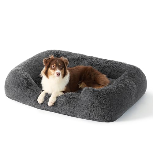 BEDSURE Hundebett flauschig Grosse Hunde - 106x76x20cm Hundebett XL waschbar für Grosse Hunde, quadratisches kuschelbett mit weich Rand und Rutschfester Boden, grau von BEDSURE