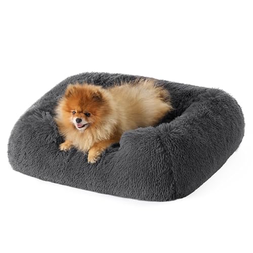 Bedsure Hundebett flauschig kleine Hunde - 63x53x18cm Hundebett waschbar für große Katzen oder kleine Hunde, quadratisches kuschelbett mit weich Rand und Rutschfester Boden, grau von Bedsure