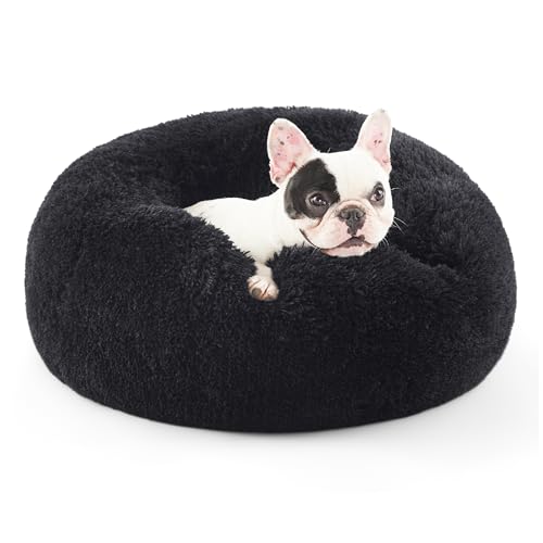 Bedsure Hundebett waschbar Flauschiges Hundebett - Ø 60 cm Donut Hundebett für große Hunde, plüsch Hundebett rund Kuschelbett, schwarz von Bedsure