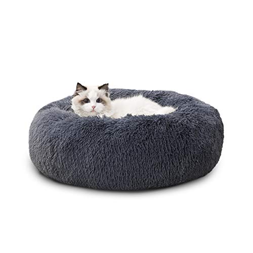 Bedsure Katzenbett waschbar Flauschiges Katzenbett - Ø 50 cm Katzenschlafplatz für Katzen, plüsch Katzenkissen rund Kuschelbett, dunkelgrau von Bedsure