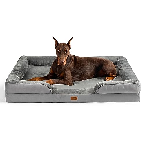 Bedsure orthopädisches Hundebett Ergonomisches Hundesofa - 134x106 cm Hundecouch mit eierförmiger Kistenschaum für große Hunde, waschbar rutschfest Hundebetten, grau von Bedsure