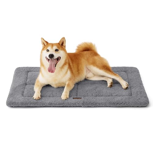 Bedsure waschbar Hundematte Mittelgroße Hunde - 89x58 cm Hundekissen mittelgroße Hunde mit hochdichter Schaumstofffüllung, Sherpa-Plüsch waschbar Hundematratze, grau von Bedsure