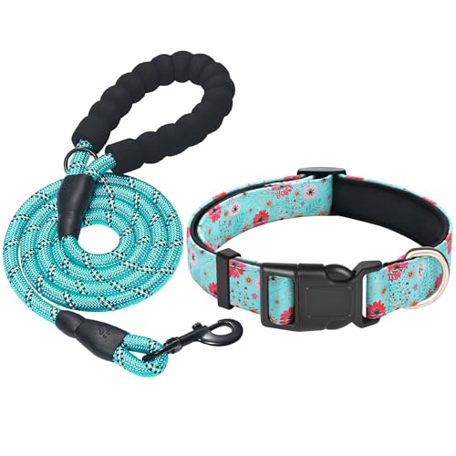 Beebiepet Hundehalsband aus Nylon, weiches Neopren, gepolstert, verstellbare Hundehalsbänder für kleine, mittelgroße und große Hunde (L Hals 47 cm - 60 cm, Türkis mit Blumen) von Beebiepet