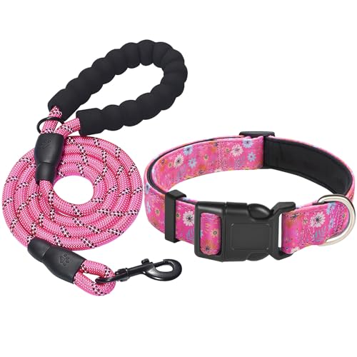 Beebiepet Nylon-Hundehalsband, weiches Neopren, gepolstert, verstellbare Hundehalsbänder für kleine, mittelgroße und große Hunde (L Halsumfang 47 cm - 60 cm, rosa Blumen) von Beebiepet