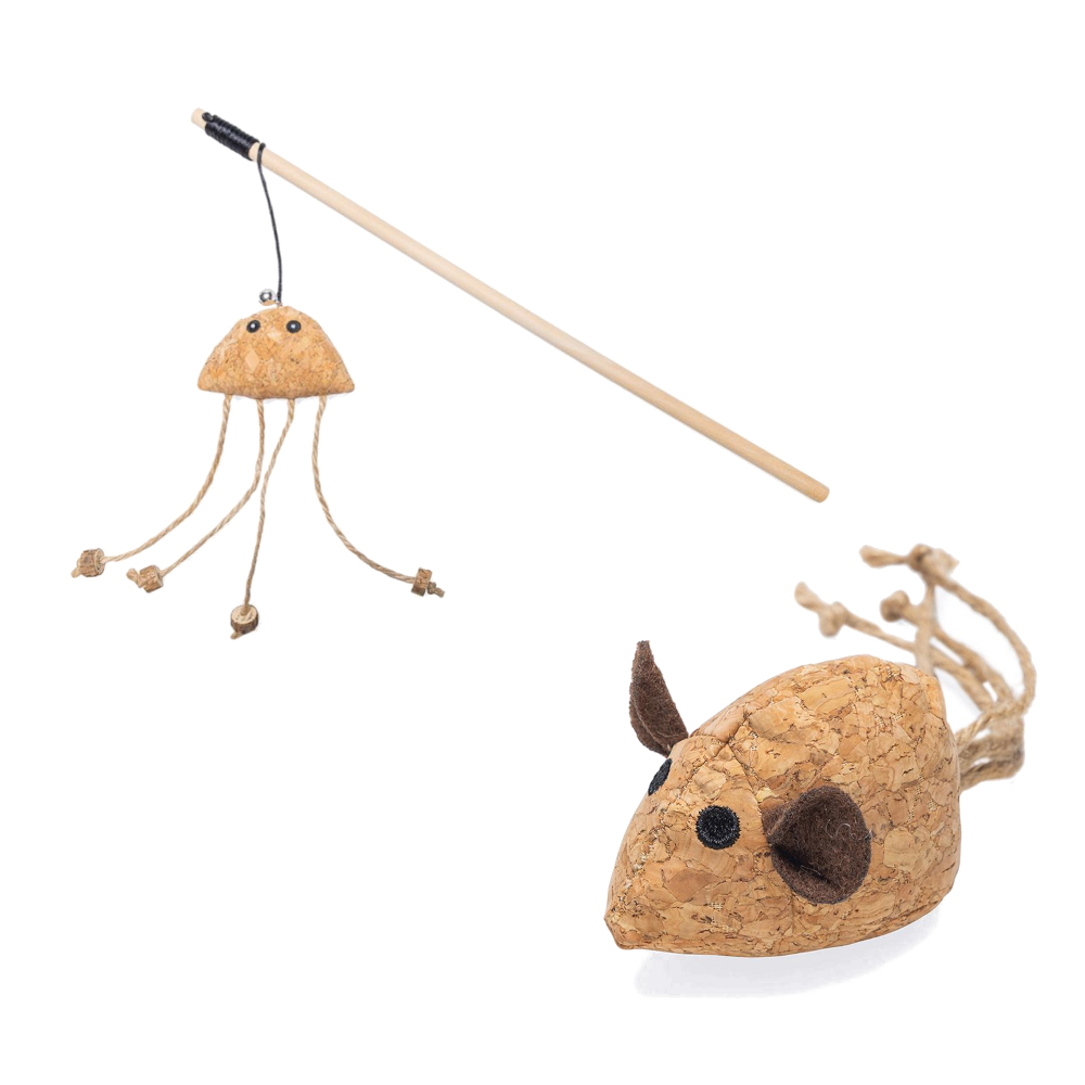 beeztees Catnip Katzenspielzeug-Set Kork - Kork-Maus Reinie + Katzenangel Oktopus Tako von Beeztees