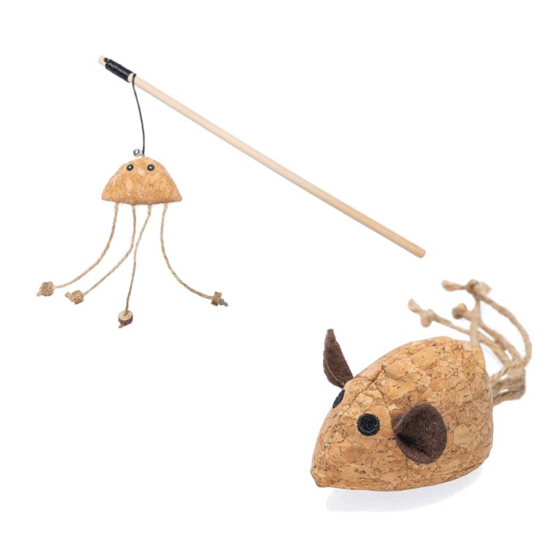 beeztees Catnip Katzenspielzeug-Set Kork - Kork-Maus Reinie + Katzenangel Oktopus Tako von Beeztees