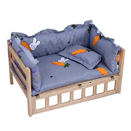 Graues Hundebett aus Holz mit Treppe und Zaun – weiche, waschbare Wintermatratze, tragbare erhöhte Hundehütte für drinnen und draußen von Begonial