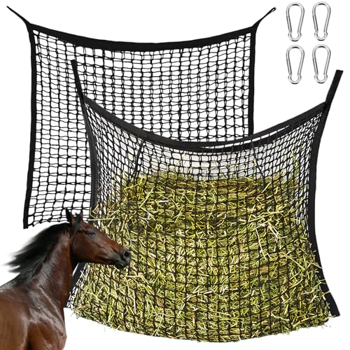 2 Stück Heunetz für Pferde, 60 x 90cm Heusack für Pferde, Farming Heunetz mit 4 Karabinerhaken, Heunetz Engmaschig Füllmenge 8kg, Heutasche, Heusack Fütterungszeit kann Verlängert Werden für Pferde von Behogan