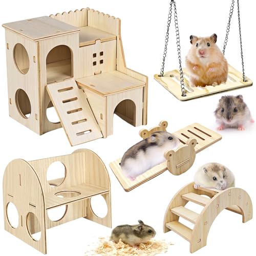 Behogan 5 Stück Hamsterhaus, Hamster Haus, Hamster Spielzeug, DIY Hamster Kauspielzeug aus Holz, Meerschweinchen Spielzeug Glockenrolle Brücke Wippe Schaukel Hamster Zubehör für Rennmäuse Behogan 5 Stück Hamsterhaus, Hamster Haus, Hamster Spielzeug, DIY Hamster Kauspielzeug aus Holz, Meerschweinchen Spielzeug Glockenrolle Brücke Wippe Schaukel Hamster Zubehör für Rennmäuse von Behogan