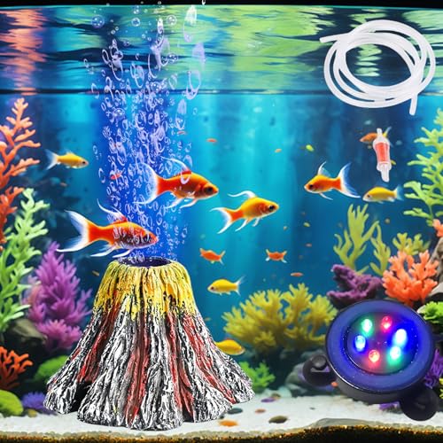 Behogan Aquarium Vulkan Ornament, Multi Farbe LED Lich Aquarium Volcano Deko, Aquarium Zubehör Deko Luftblase Stein, Lava Vulkan für Aquarium Fisch Tank Dekoration, Ornament Dekoration von Behogan