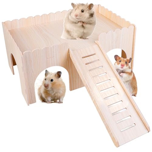Behogan Hamster Haus Holz, Groß Meerschweinchenschloss aus Holz, Meerschweinchen Haus mit Rampe 4 Eingänge, Meerschweinchen Zubehoer mit Leiter, Kletterplattform Meerschweinchen (38 x 24 x 18 cm) von Behogan