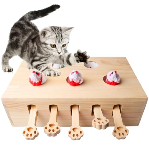 Behogan Interaktives Katzenspielzeug, 5-Loch-Mäuse-Schlag-eine-Maulwurf Katzenmaus-Spielzeug, Holz Spielzeug für Katzen, Jagd, Spielen, Trainieren Kratzen (Holzfarbe) von Behogan