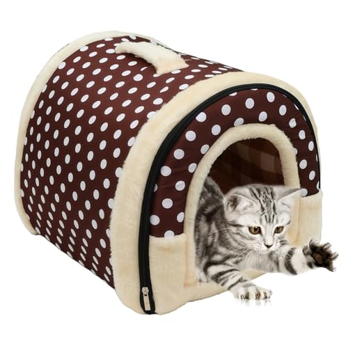 Hundehütte Indoor, 37 * 32 * 30cm Hundehöhle Kleine, Katzen Höhlenbett mit Plüsch Katzenkissen, 2 in 1 waschbares Hundebett, Faltbares Haustierhaus für Kätzchen, Welpe, Kaninchen und Meerschweinchen von Behogan