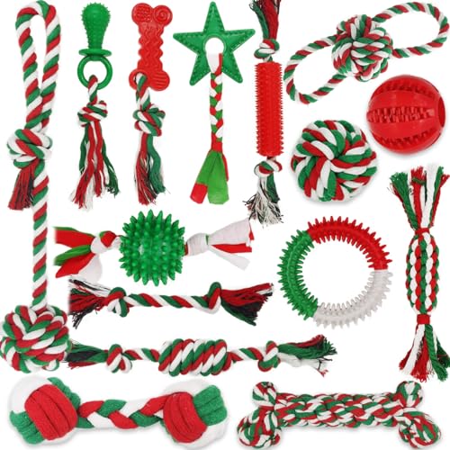 Beiker 15 Stück Weihnachts-Hundespielzeuge für kleine, mittelgroße und große Welpen, Kauspielzeug für Welpen, zum Zahnen, langlebiges Urlaubsgeschenk, robustes Geschenk, einschließlich Vielzahl von von Beiker