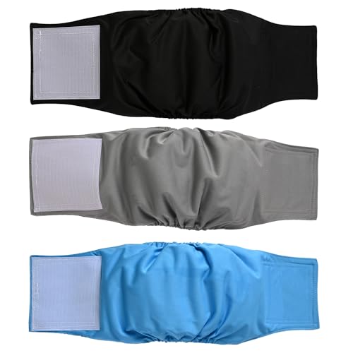 Premium waschbare Bauchbänder für Rüden, (3er Pack) von Hundewindeln & Hundebauchbänder (L, Schwarz,Grau,Blau) von Beilei Creations