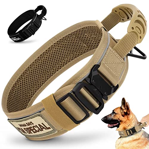Beirui 6.3 cm breites Hundehalsband mit Kontrollgriff, strapazierfähig, 6.5 cm breit, taktisches Hundehalsband mit starker Metallschnalle, Khaki, Halsumfang 25.4–40.6 cm von Beirui
