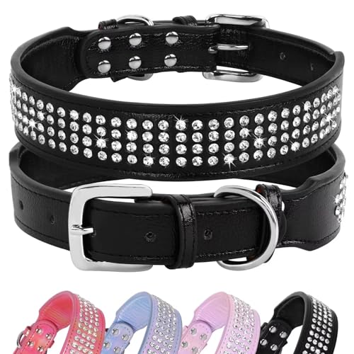 Beirui Bling Strass Hundehalsband mit Diamanten besetzt, buntes PU-Leder, gepolstertes Hundehalsband, 3.8 cm breit, strapazierfähig,50.8 cm, Schwarz von Beirui