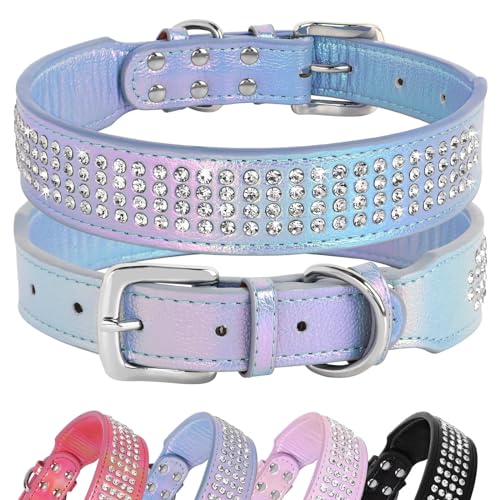 Beirui Bling Strass Hundehalsband mit Diamanten besetzt, buntes PU-Leder, gepolstertes Hundehalsband, 3.8 cm breit, strapazierfähig,61 cm, Blau von Beirui