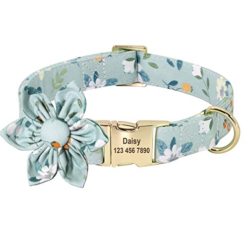 Beirui Hundehalsband mit Blumenmädchen, für Hündinnen, Blumenmuster, graviert, mit personalisierter goldfarbener Schnalle (Baumwolle, XS) von Beirui