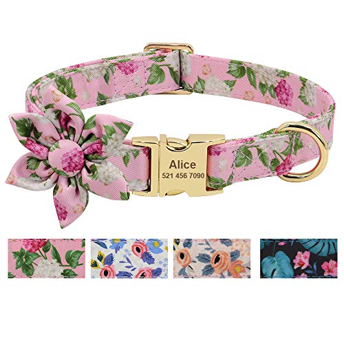 Beirui Hundehalsband für Hündinnen, mit Blumenmuster und Gravur, mit goldfarbener Schnalle, personalisierbar (rosa Muster, S) von Beirui