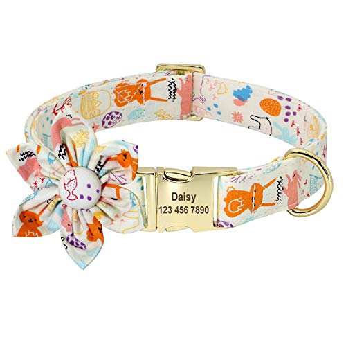 Beirui Hundehalsband für Hündinnen, mit Blumenmuster und Gravur, mit goldfarbener Schnalle, personalisierbar (weißes Kaninchen, XS) von Beirui