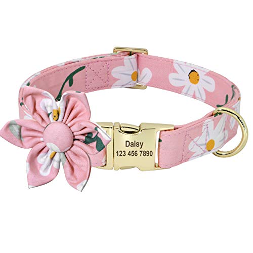 Beirui Hundehalsband mit Blumenmädchen, für Hündinnen, Blumenmuster, graviert, mit personalisierter goldfarbener Schnalle (Gänseblümchen, XS) von Beirui