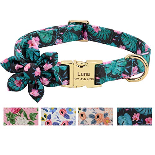 Beirui Hundehalsband mit Blumenmädchen-Motiv für Hündinnen, mit Blumenmuster, graviert, mit personalisierter goldfarbener Schnalle (grünes Muster, Größe S) von Beirui