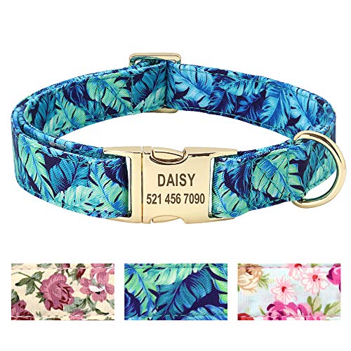 Beirui Hundehalsband mit personalisierbarem Namensschild, Blumenmuster, Premium-Hundehalsband mit Edelstahl-Schnalle, verstellbar, für kleine mittelgroße und große Hunde,Blaue Blume,S(10-15.5") von Beirui