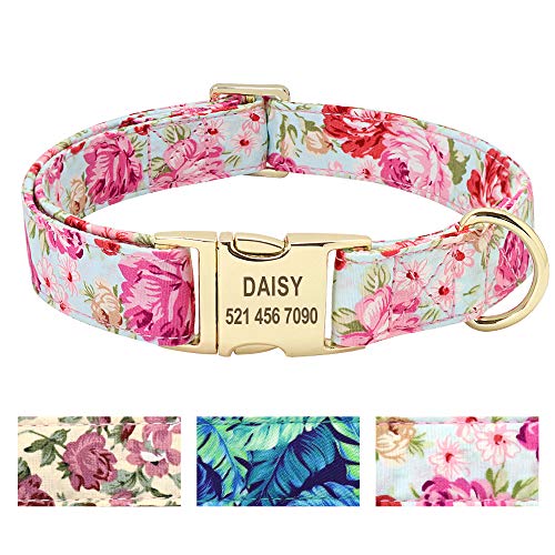 Beirui Hundehalsband mit personalisierbarem Namensschild, Blumenmuster, Premium-Hundehalsband mit Edelstahl-Schnalle, verstellbar, für kleine mittelgroße und große Hunde,Rosa Blume,L(14-23.5") von Beirui