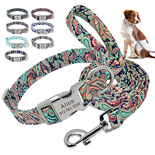 Beirui Hundehalsband und Leine, Nylon, personalisierbar, weich, ethnischer Stil, für kleine, mittelgroße und große Hunde, mit leichter Schnalle, S, exotisches Grün von Beirui