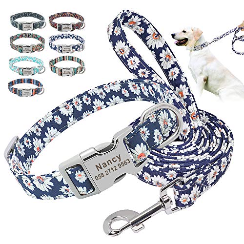 Beirui Hundehalsband und Leine, Nylon, personalisierbar, weich, ethnischer Stil, für kleine, mittelgroße und große Hunde, mit leichter Schnalle, M, Blaues Gänseblümchen von Beirui