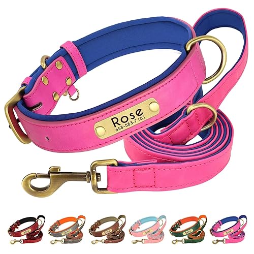 Beirui Hundehalsband und Leine, Set aus weichem, gepolstertem Leder, verstellbar, mit langlebigen Metallbeschlägen, für kleine, mittelgroße und große Hunde (Hot Pink, Halsumfang 43,2–55,9 cm) von Beirui