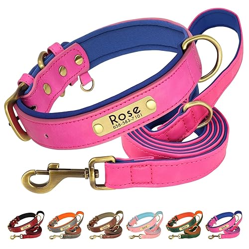 Beirui Hundehalsband und Leine, aus weichem, gepolstertem Leder, verstellbar, mit langlebigen Metallbeschlägen, für kleine, mittelgroße und große Hunde (Hot Pink, Halsumfang 17,8–27,9 cm) von Beirui