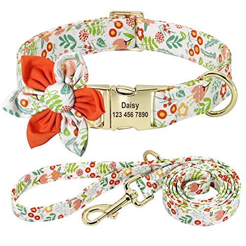 Beirui Hundehalsband und Leine, Set für Hündinnen, mit Blumenmuster und Gravur, mit goldfarbener Schnalle, personalisierbar (Sonnenblume, S) von Beirui