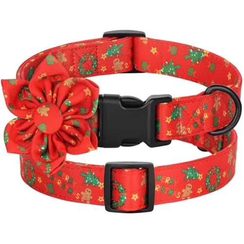 Beirui Niedliches Weihnachts-Hundehalsband mit Fliege, florales Hundehalsband mit robuster Schnalle, für kleine und mittelgroße und große Hunde (Rot, L) von Beirui
