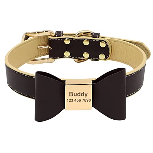 Beirui Niedliches personalisiertes Hundehalsband mit Fliege für kleine, mittelgroße Hunde, Welpen, weiches PU-Leder, mit ID-Name, Bezauberndes Halsband,Tiefbraun,M von Beirui