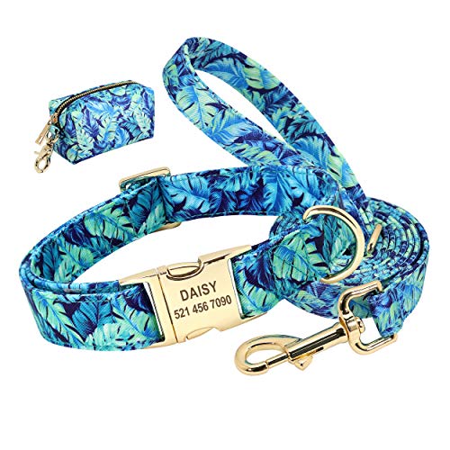 Beirui Personalisierbares Hundehalsband und Leine, Set mit niedlicher Tasche, Blumenmuster, Lasergravur, Haustier-ID-Halsbänder, bequem für Reisen, Spaziergänge und Camping (blau, L) von Beirui