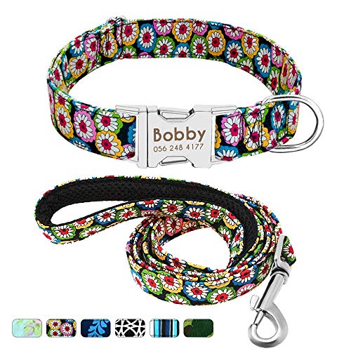 Beirui Personalisiertes Hundehalsband und Leine, Set mit Schnellverschluss-Schnalle, 1,2 m lang, mit Leine und Halsband mit Blumenmuster, verstellbares Halsband für kleine und mittelgroße Hunde von Beirui