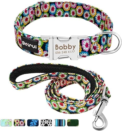 Beirui Personalisiertes Hundehalsband und Leine, Set mit Schnellverschluss-Schnalle, 1,2 m lang, mit Leine und Halsband mit Blumenmuster, verstellbares Halsband für kleine und mittelgroße Hunde Beirui Personalisiertes Hundehalsband und Leine, Set mit Schnellverschluss-Schnalle, 1,2 m lang, mit Leine und Halsband mit Blumenmuster, verstellbares Halsband für kleine und mittelgroße Hunde von Beirui