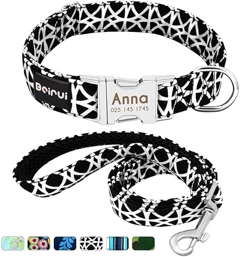 Beirui Personalisiertes Hundehalsband und Leine, Set mit Schnellverschluss-Schnalle, 1,2 m lang, mit Leine und Halsband mit Blumenmuster, verstellbares Halsband für kleine und mittelgroße Hunde von Beirui