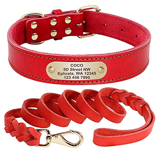 Beirui Leder-Hundehalsband und Leine, Set, maßgeschneidertes Hundehalsband mit geflochtener Leder-Leine, graviertes Namensschild für mittelgroße und große Hunde (rot, 41,9–53,3 cm Halsumfang) von Beirui